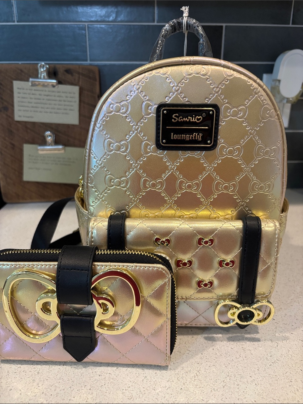 Loungefly Sanrio Hello Kitty Iridescent Gold Mini Backpack and Wallet Set NWT